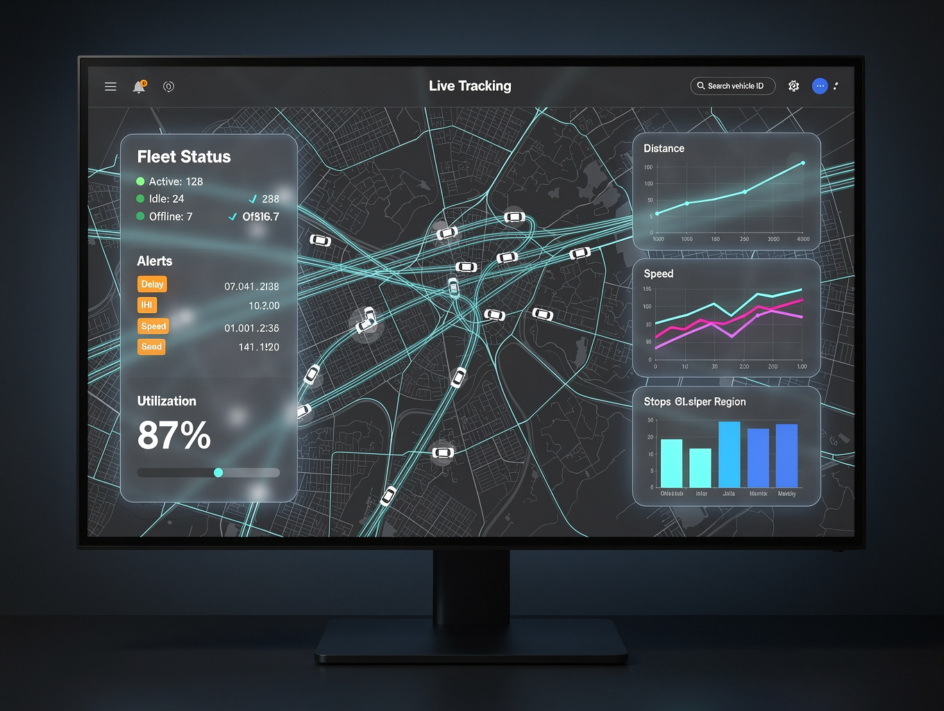 Fleet tracking dashboard showing vehicle locations on a map