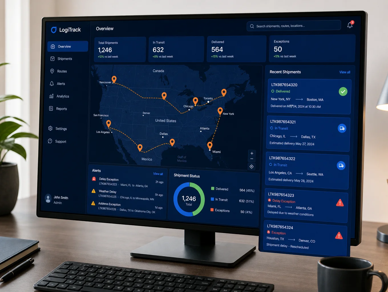 Logistics dashboard showing parcel flow and delivery status